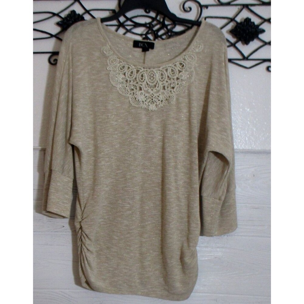 BCX Women's Knit Top Size XL Long Sleeve Beige Round Neck